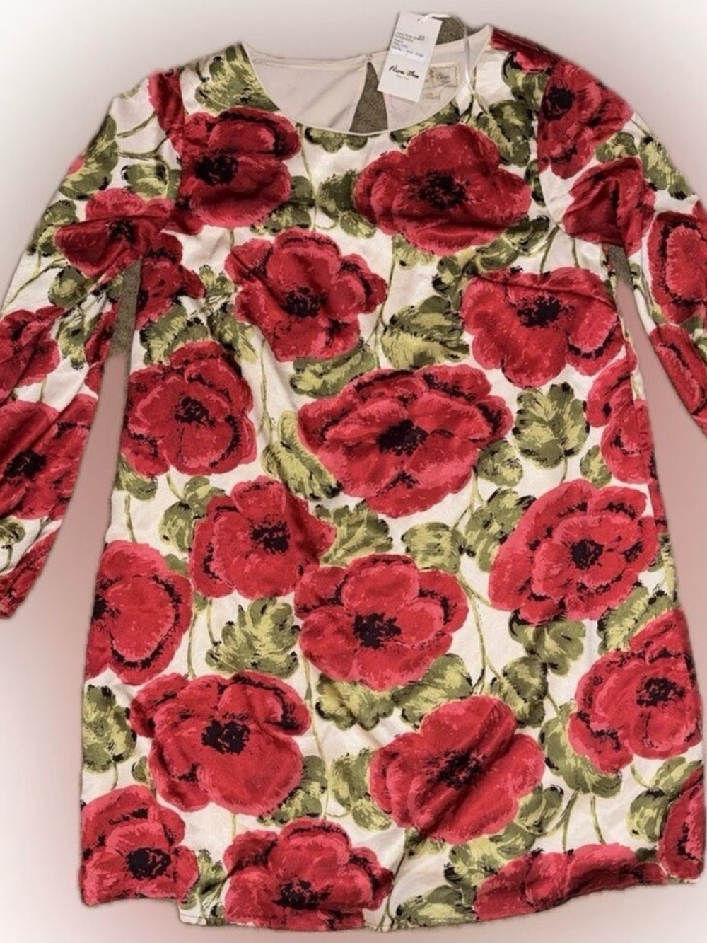 Floral Long-Sleeve Formal Dress in Red and Cream